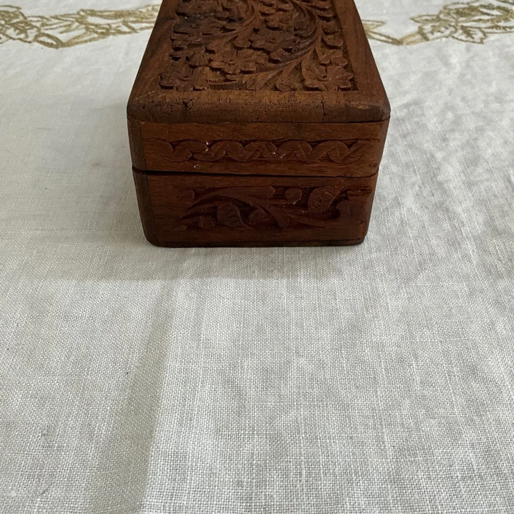 Hand Carved Wooden Jewelry Trinket Box Floral Vine Design Blue Velvet Lining